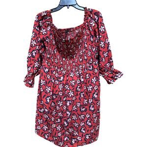 Who What Wear Dress Women 1X Red Floral Smocked Puff Sleeve Off Shoulder Cotton